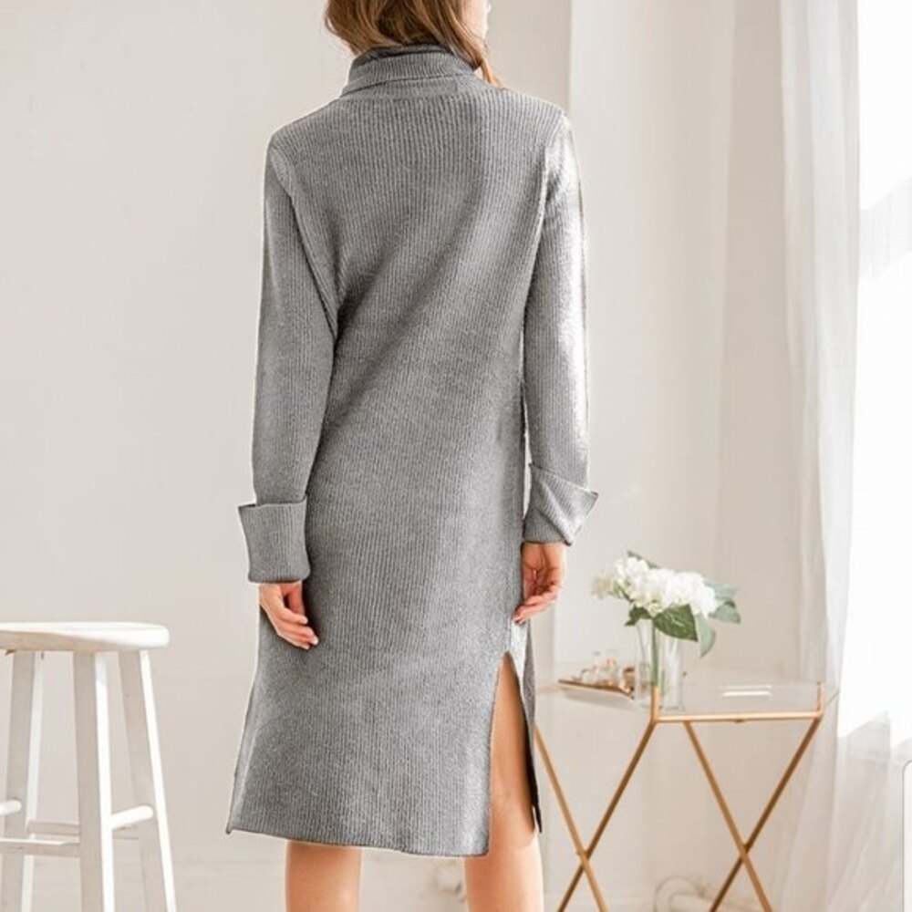 NWT Lulus Snuggled Up Light Grey Knit Turtleneck Midi Sweater Dress, XS - Picture 2 of 16